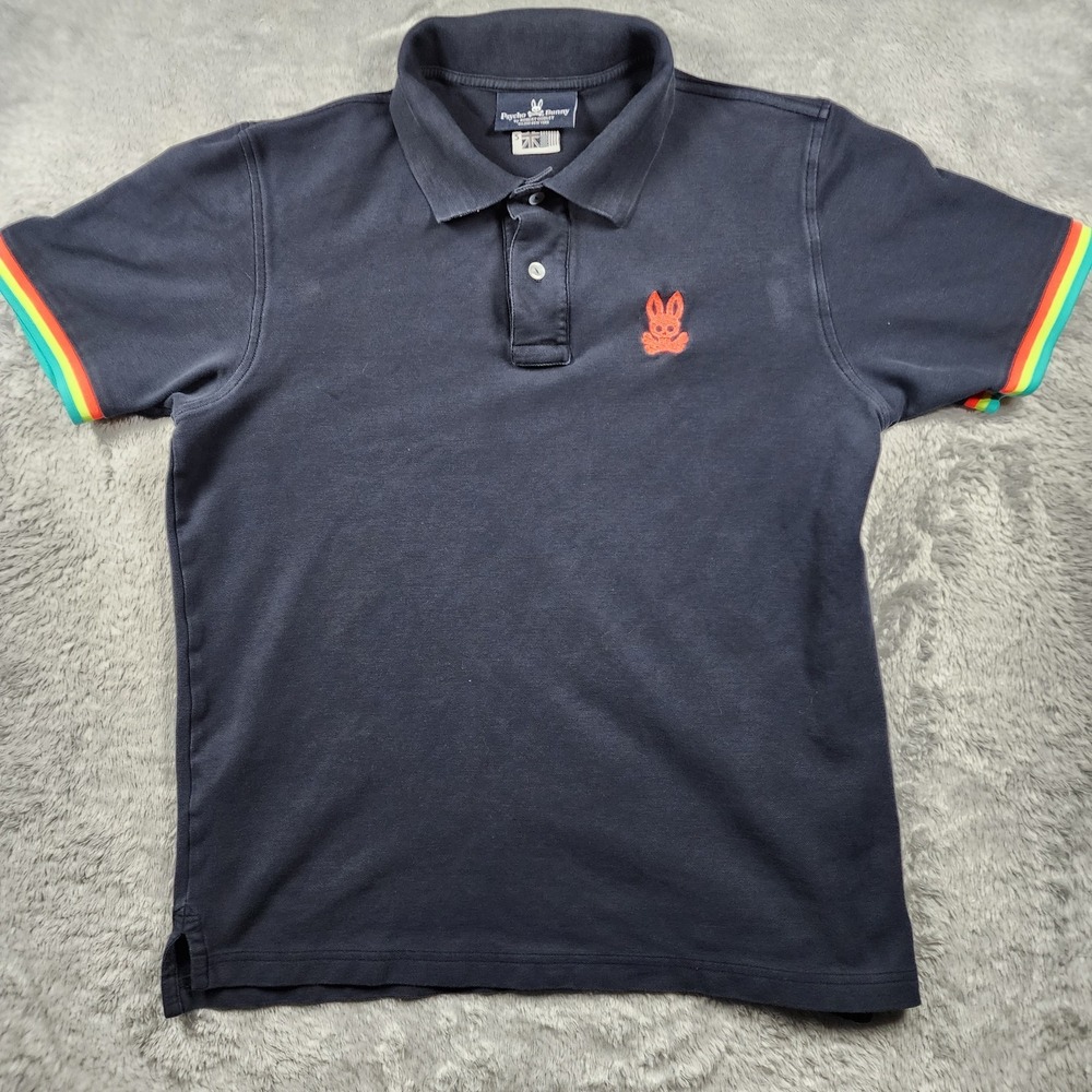 Psycho Bunny Polo Shirt Mens XL Navy Pima Pique Rasta Trim Orange Skull Logo